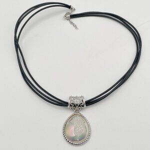 JTV Jewelry Silver-Trimmed Teardrop Pendant on Black Cord Necklace 18”